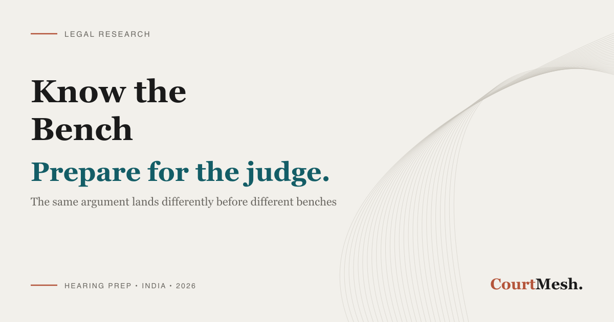 CourtMesh cover card headed "Know the Bench" and "Prepare for the judge", with the line "the same argument lands differently before different benches"
