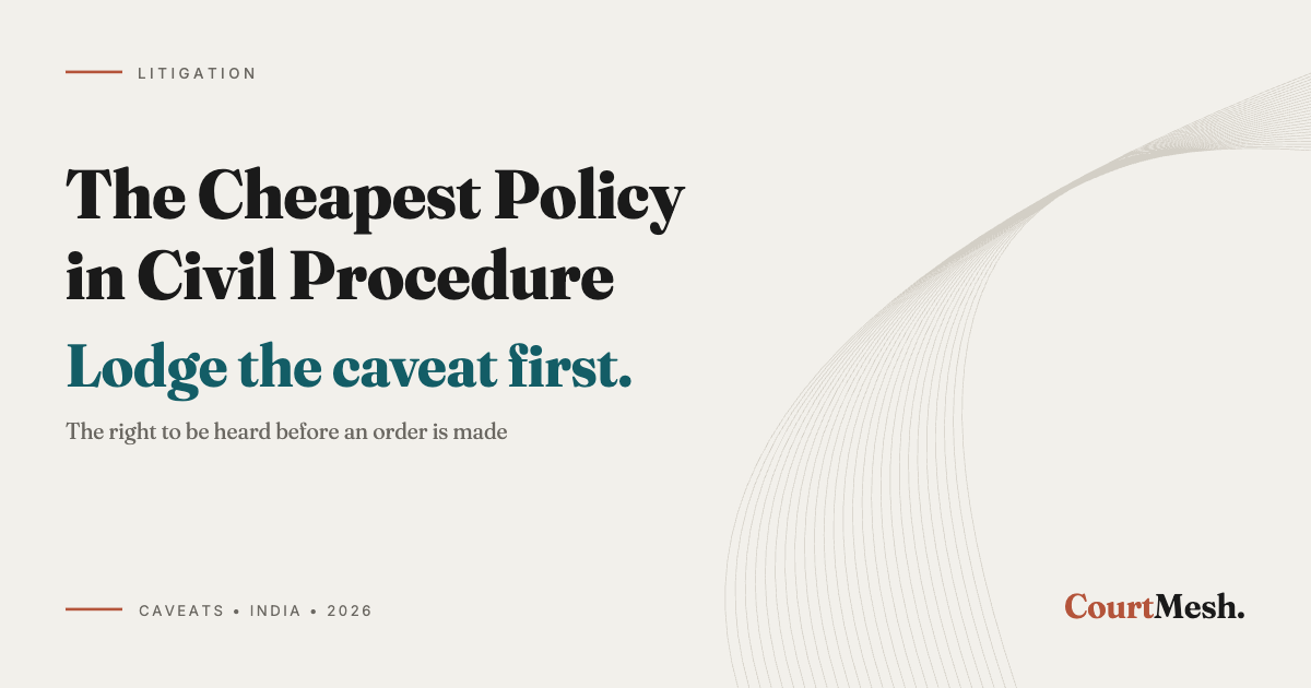 Cover card headed The Cheapest Policy in Civil Procedure, with the line: lodge the caveat first