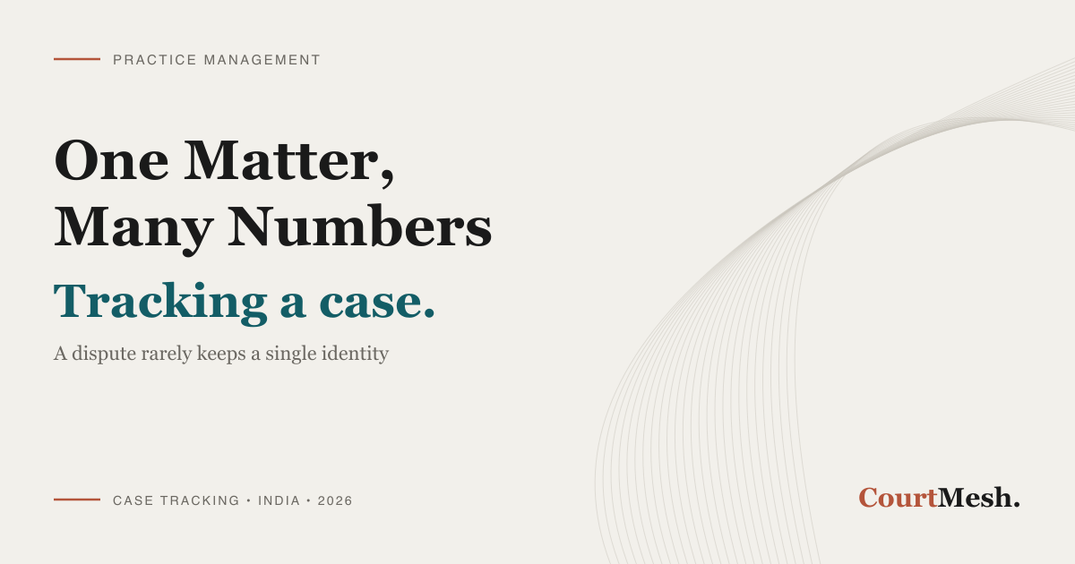 CourtMesh cover card headed "One Matter, Many Numbers" and "Tracking a case", with the line "a dispute rarely keeps a single identity"