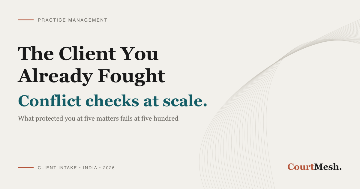 CourtMesh cover card headed "The Client You Already Fought" and "Conflict checks at scale", with the line "what protected you at five matters fails at five hundred"