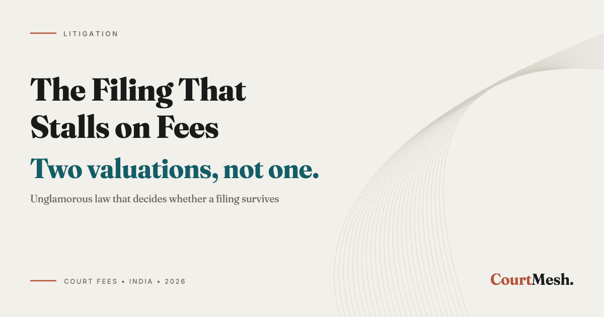 Cover card headed The Filing That Stalls on Fees, with the line: two valuations, not one