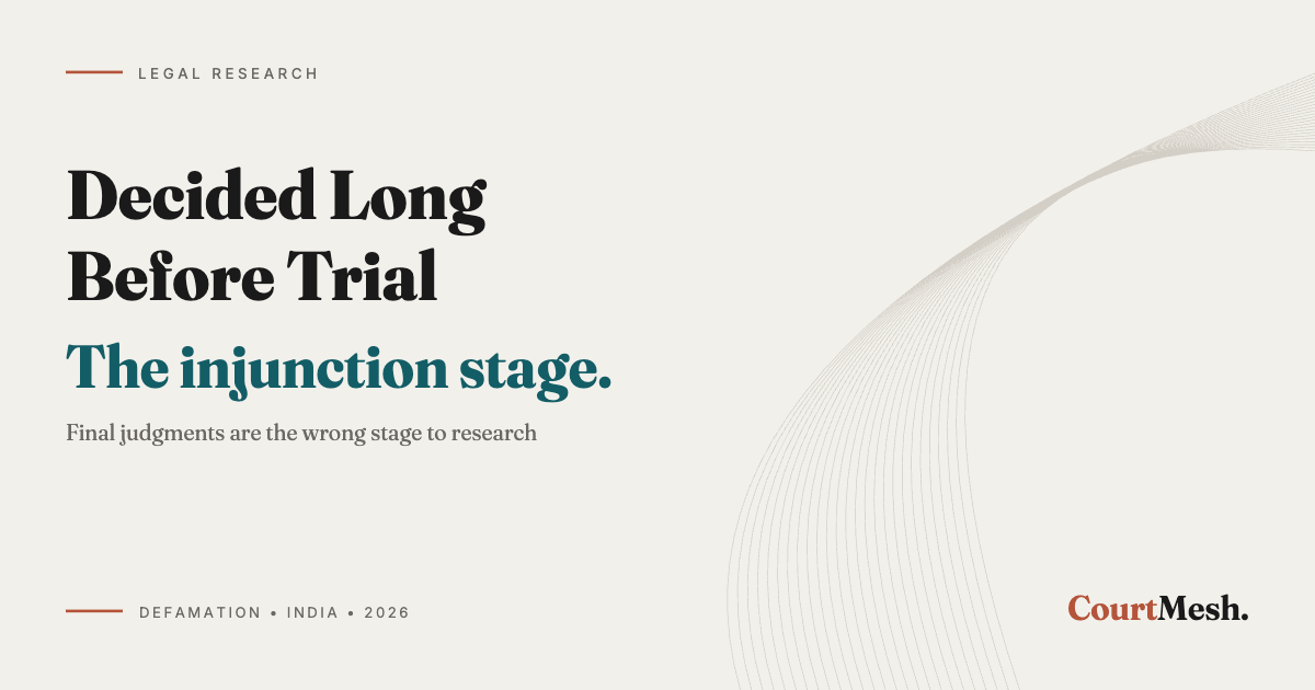 Cover card headed Decided Long Before Trial, with the line: the injunction stage