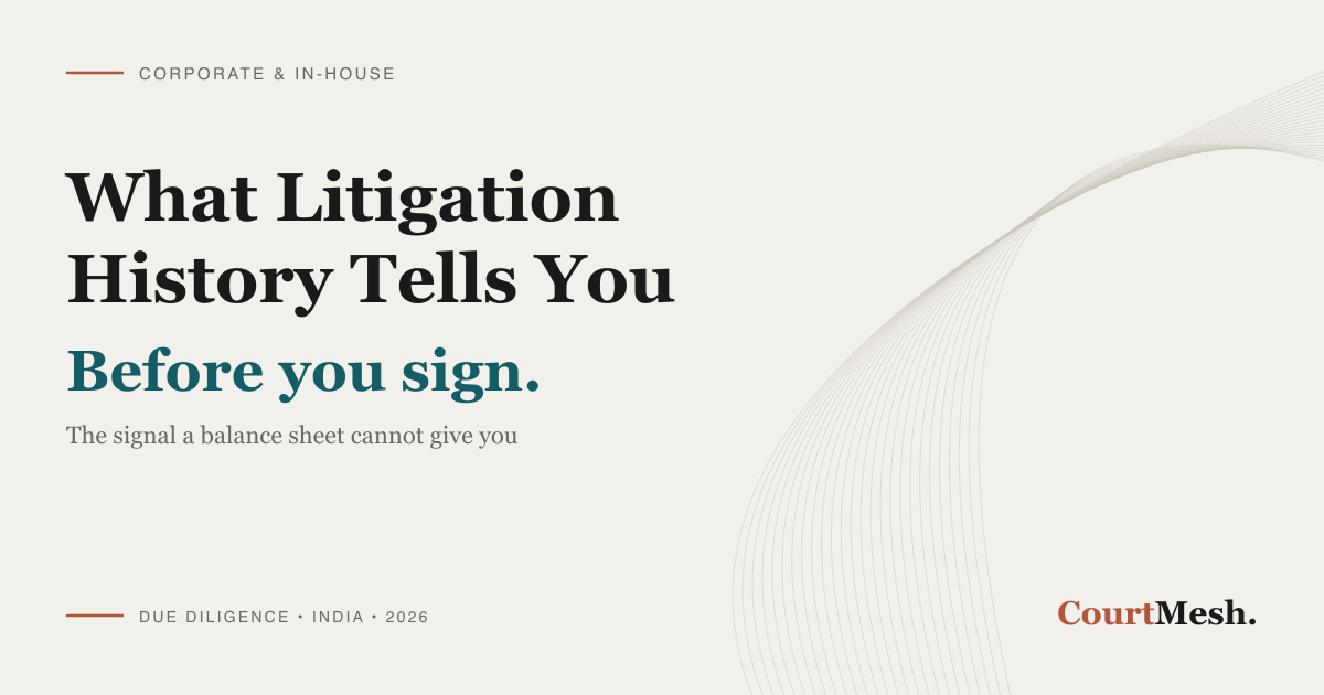 CourtMesh cover card headed "What Litigation History Tells You" and "Before you sign", with the line "the signal a balance sheet cannot give you"