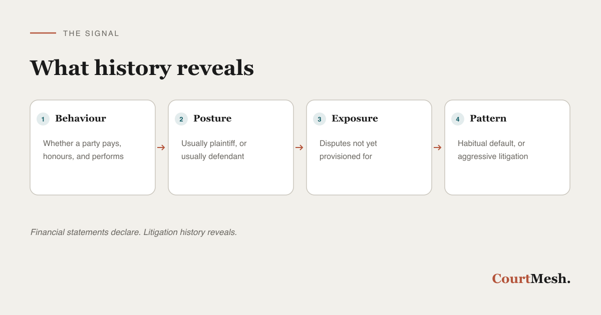What litigation history reveals that financial statements do not