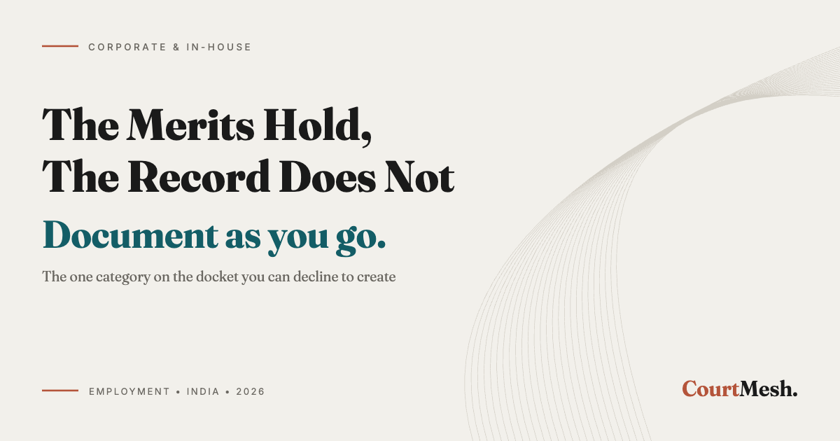 Cover card headed The Merits Hold, The Record Does Not, with the line: document as you go