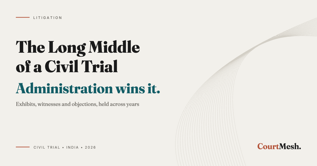 Cover card headed The Long Middle of a Civil Trial, with the line: administration wins it