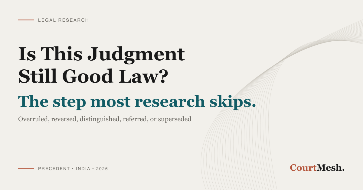 CourtMesh cover card headed "Is This Judgment Still Good Law?" and "The step most research skips", listing overruled, reversed, distinguished, referred and superseded