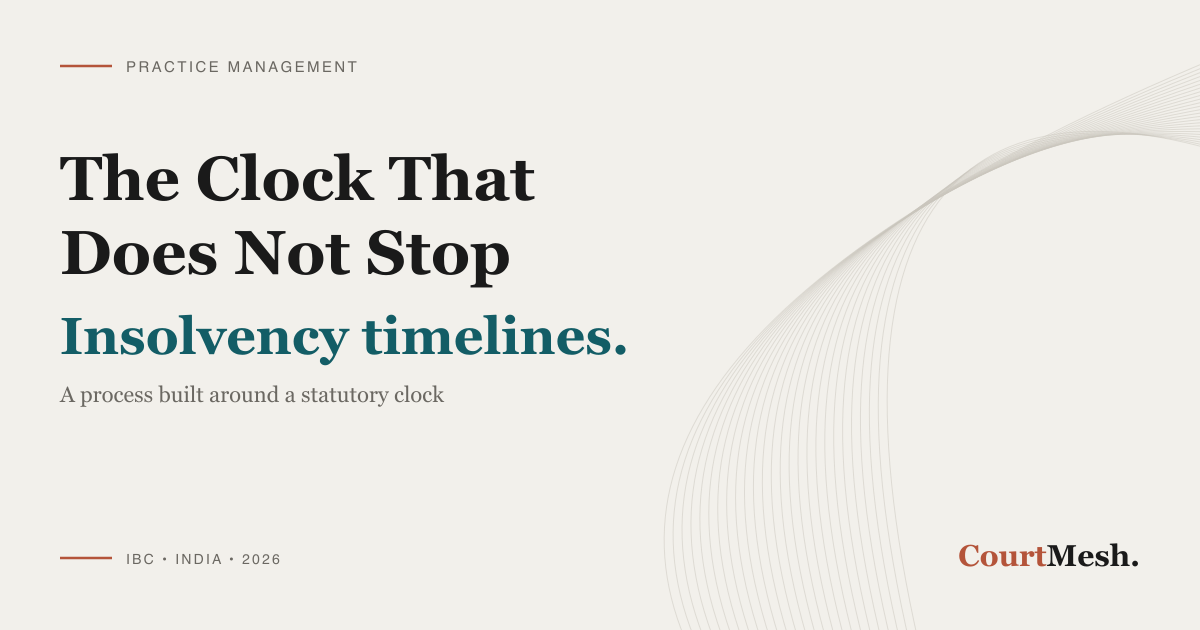 CourtMesh cover card headed "The Clock That Does Not Stop" and "Insolvency timelines", with the line "a process built around a statutory clock"