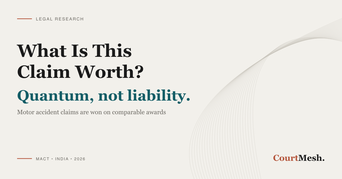 CourtMesh cover card headed "What Is This Claim Worth?" and "Quantum, not liability", with the line "motor accident claims are won on comparable awards"