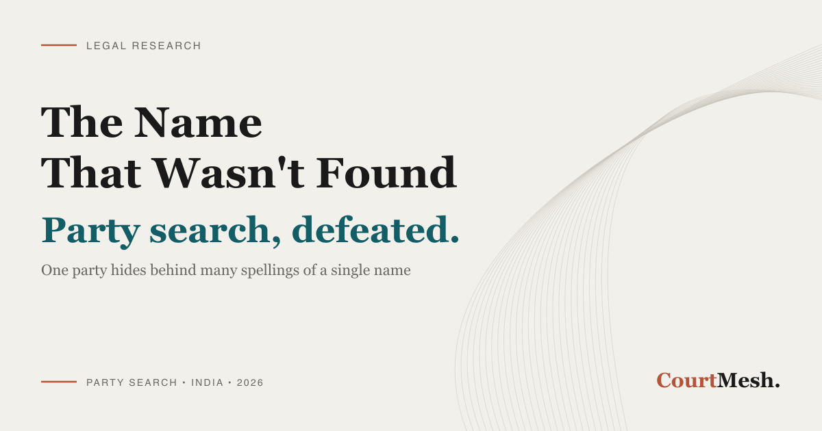 CourtMesh cover card headed "The Name That Wasn't Found" and "Party search, defeated", with the line "one party hides behind many spellings of a single name"