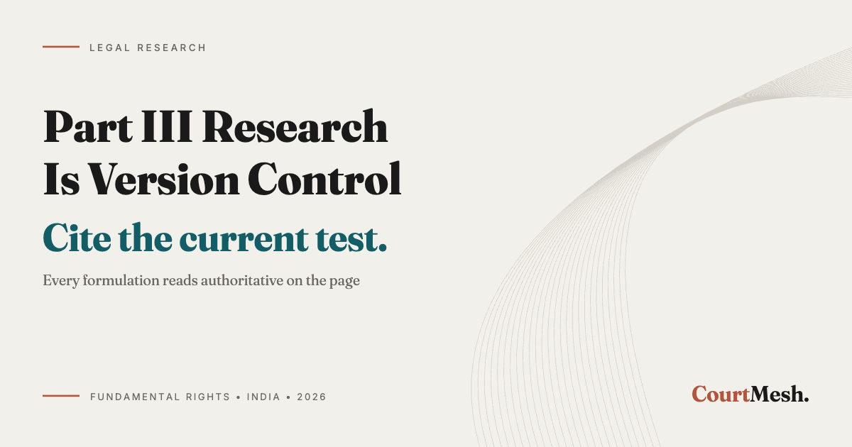 Cover card headed Part III Research Is Version Control, with the line: cite the current test
