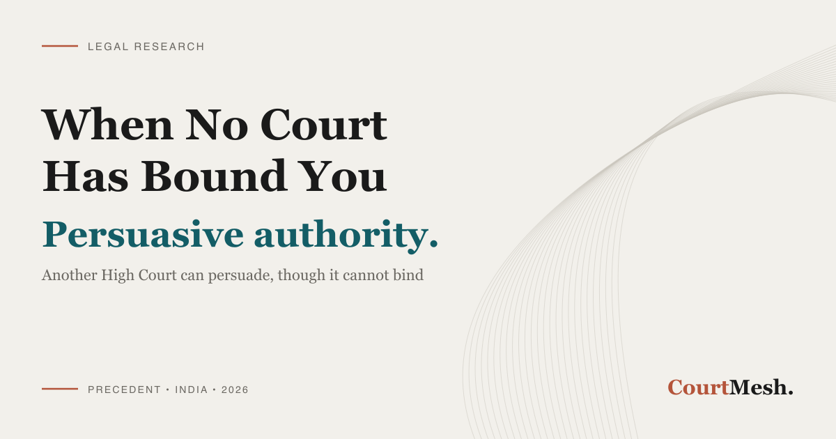CourtMesh cover card headed "When No Court Has Bound You" and "Persuasive authority", with the line "another High Court can persuade, though it cannot bind"