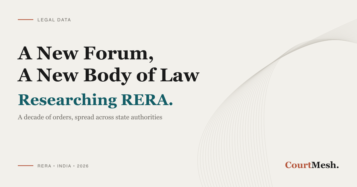 CourtMesh cover card headed "A New Forum, A New Body of Law" and "Researching RERA", with the line "a decade of orders, spread across state authorities"