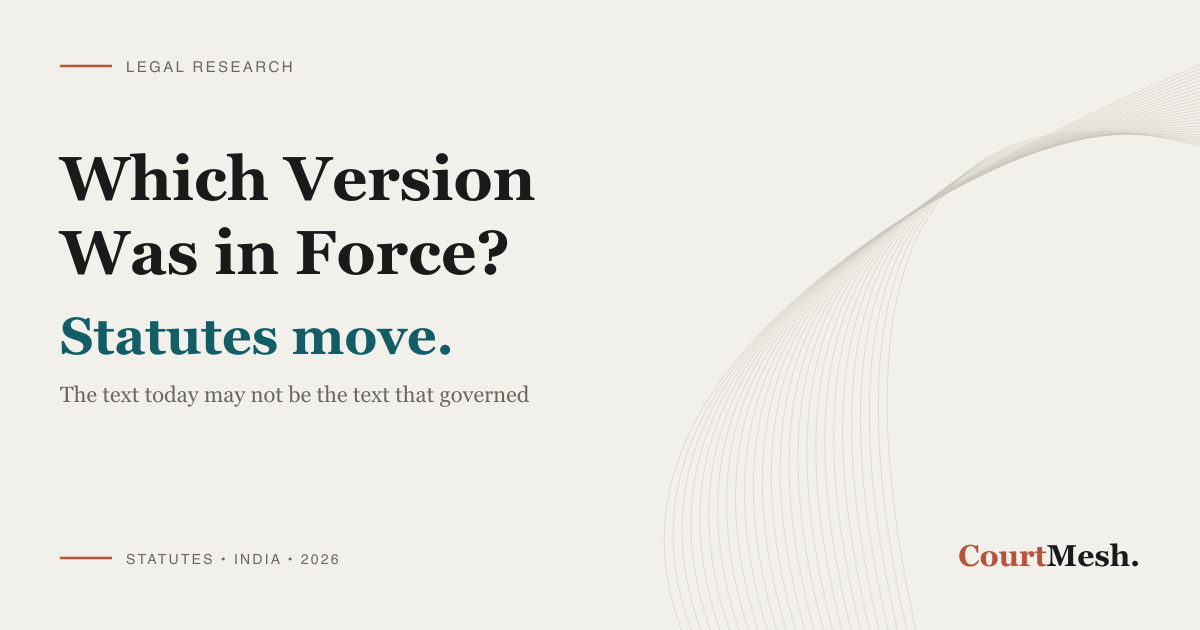 CourtMesh cover card headed "Which Version Was in Force?" and "Statutes move", with the line "the text today may not be the text that governed"
