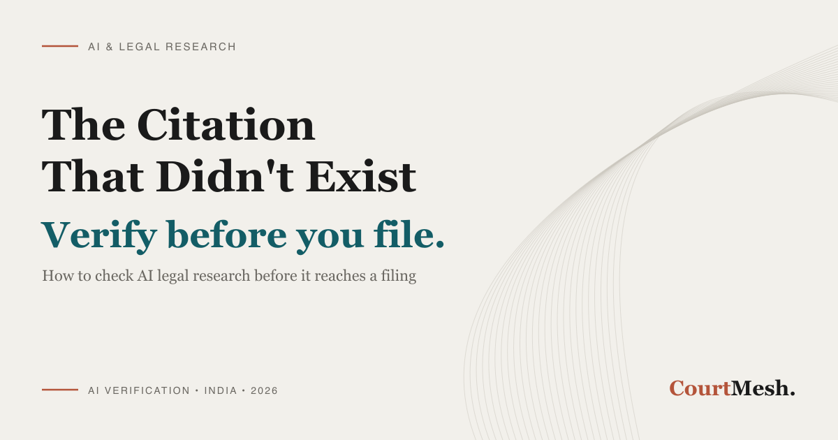 CourtMesh cover card headed "The Citation That Didn't Exist" and "Verify before you file", with the line "how to check AI legal research before it reaches a filing"
