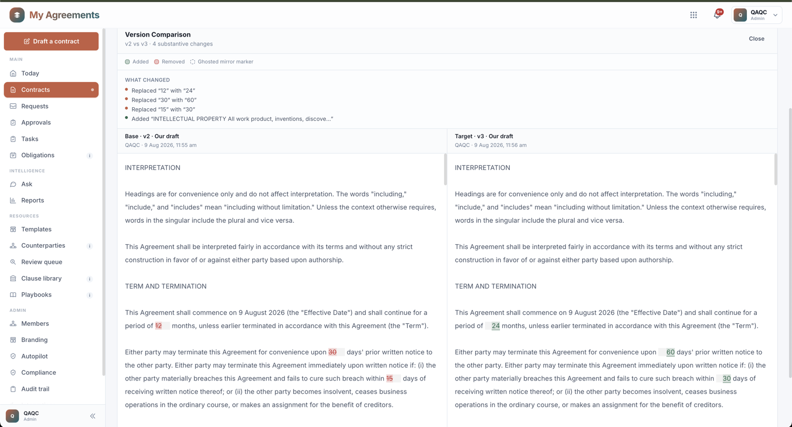 My Agreements - redline view with a playbook flag and the approval workflow rail